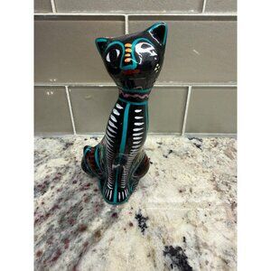 Artisan Talavera Mexican Hand-Painted Black Cat Figural Colorful Collectible